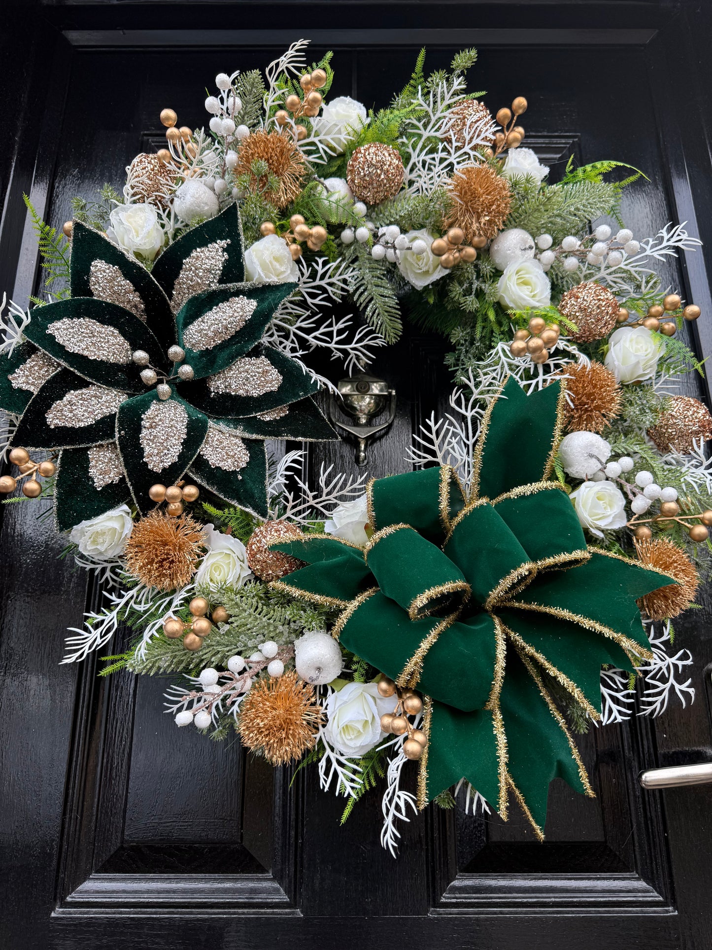 65cm DELUXE GREEN/GOLD BERRY APPLE GIANT GLITTER POINSETTIA WREATH
