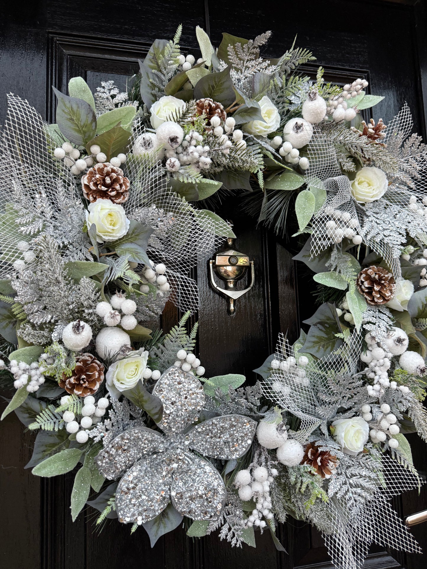 65cm DELUXE WINTER FROSTED FOLIAGE, ROSEHIP ROSES SILVER POINSETTIA WREATH