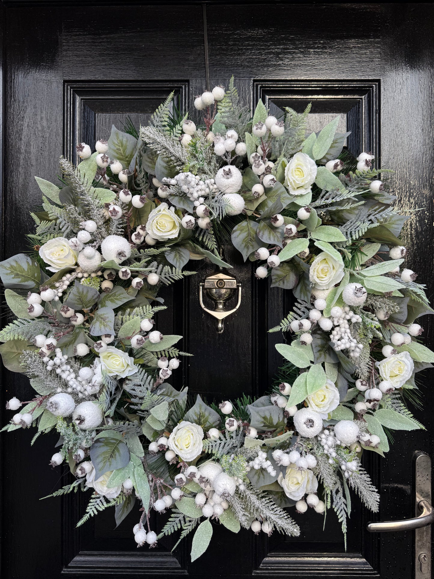 65cm DELUXE WINTER FROSTED FOLIAGE, ROSEHIP & ROSES WREATH