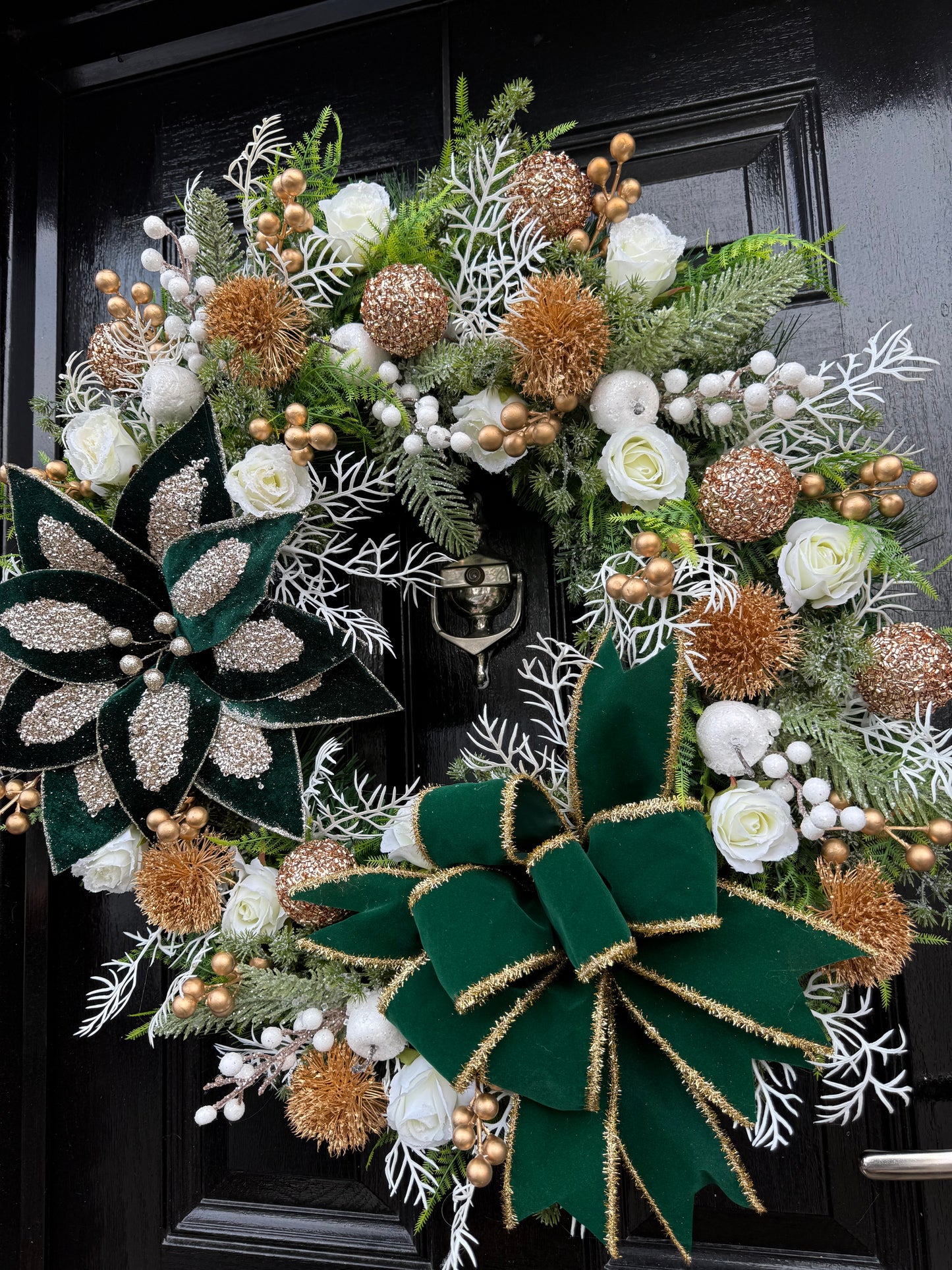 65cm DELUXE GREEN/GOLD BERRY APPLE GIANT GLITTER POINSETTIA WREATH