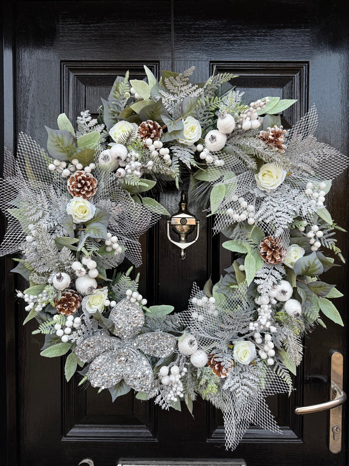 65cm DELUXE WINTER FROSTED FOLIAGE, ROSEHIP ROSES SILVER POINSETTIA WREATH