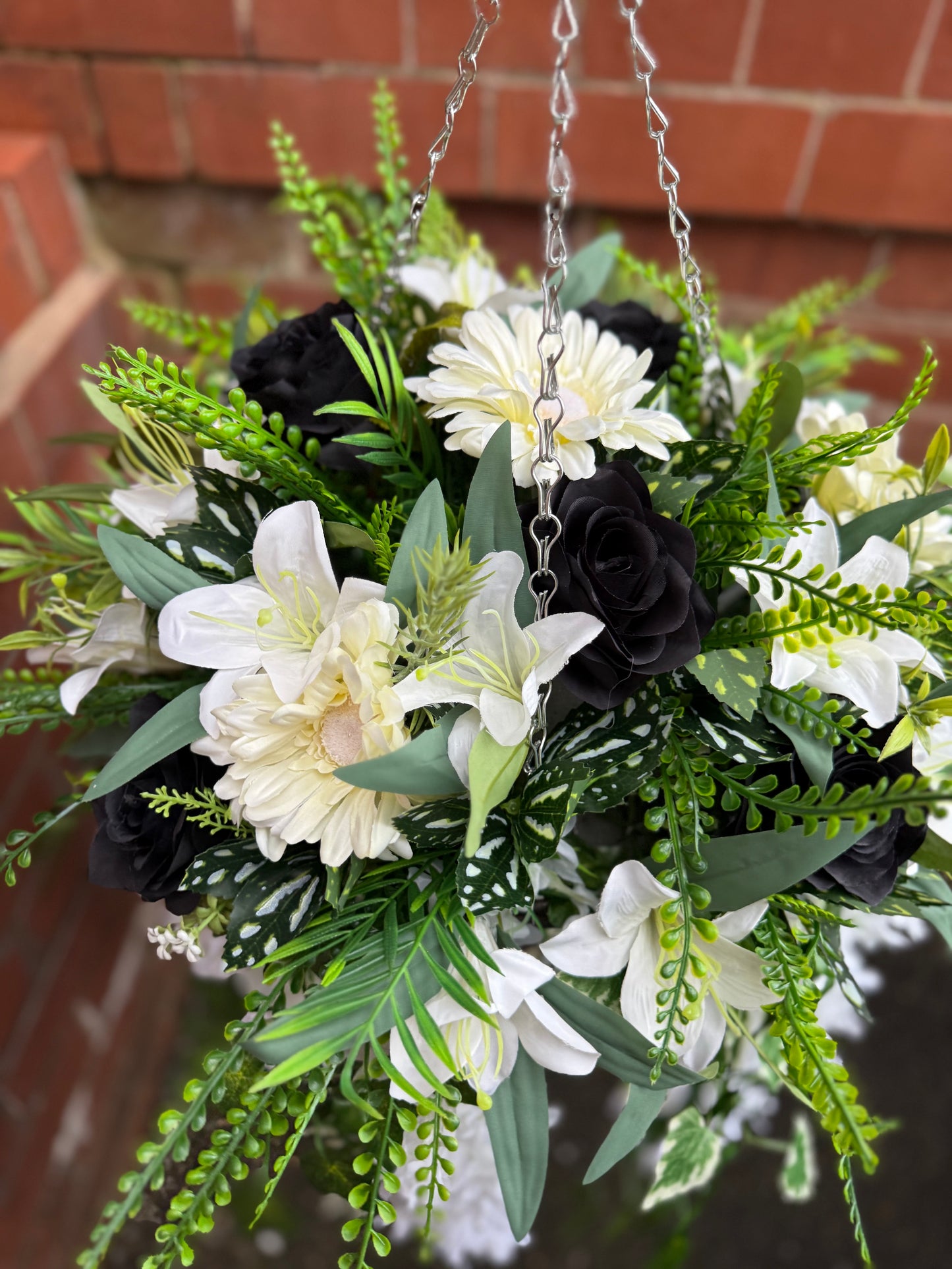 12INCH DELUXE CONE HANGING BASKET BLACK ROSE, LILY & GERBERA MIX