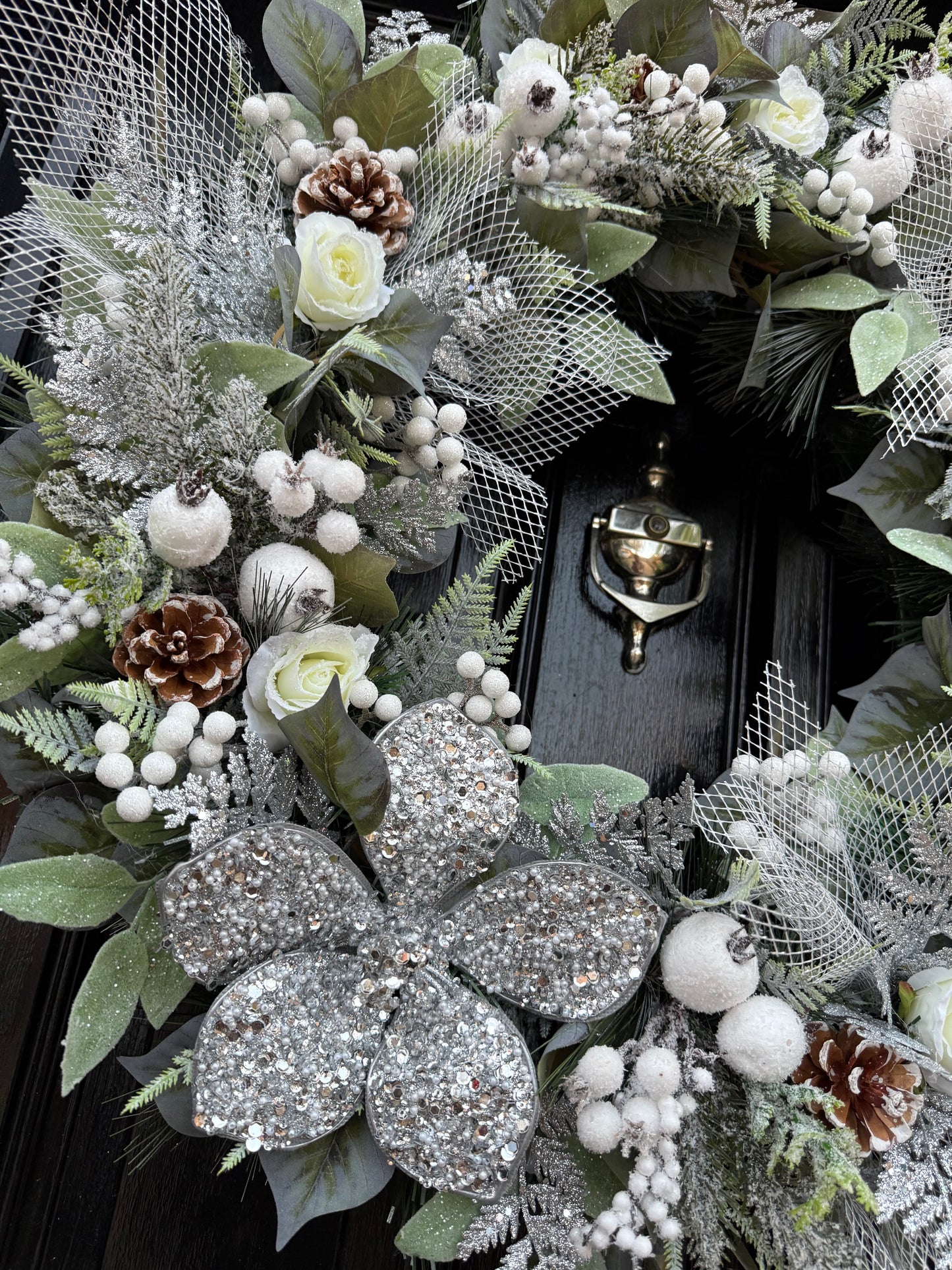 65cm DELUXE WINTER FROSTED FOLIAGE, ROSEHIP ROSES SILVER POINSETTIA WREATH