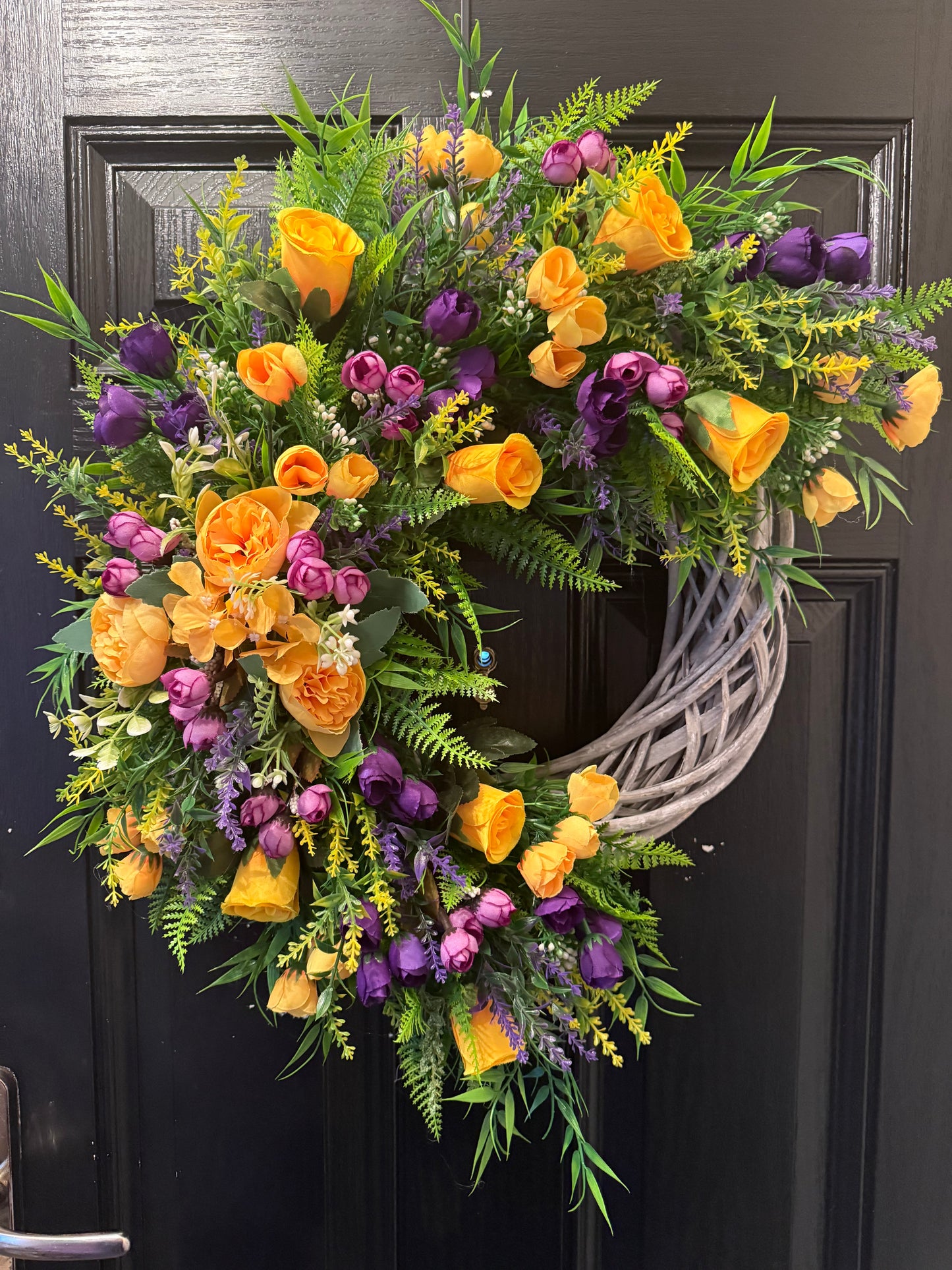 MIXED YELLOW AND PURPLE FOLIAGE ALL SEASON GREY WICKER WREATH