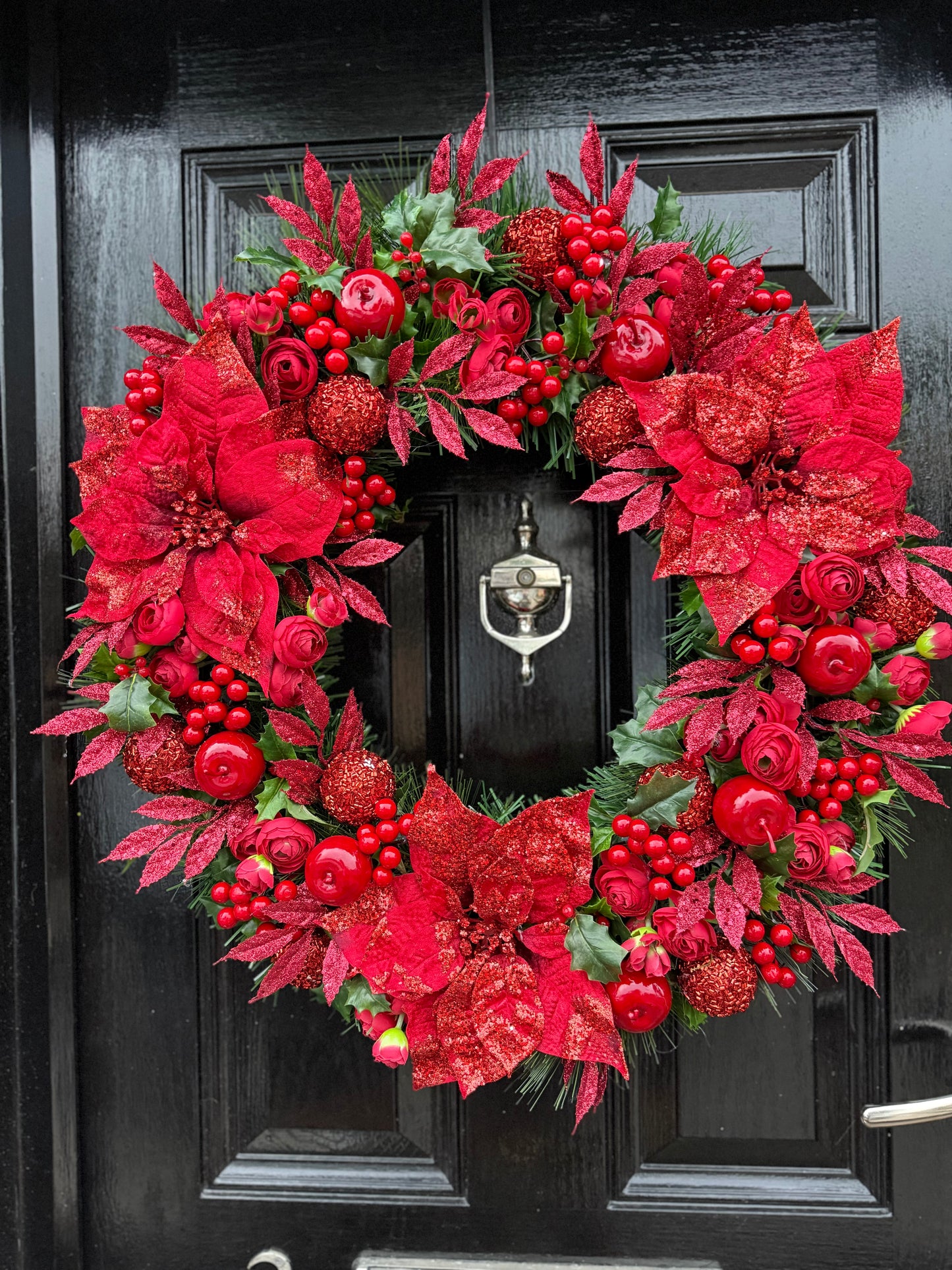 65cm DELUXE RED BERRY GIANT GLITTER POINSETTIA WREATH