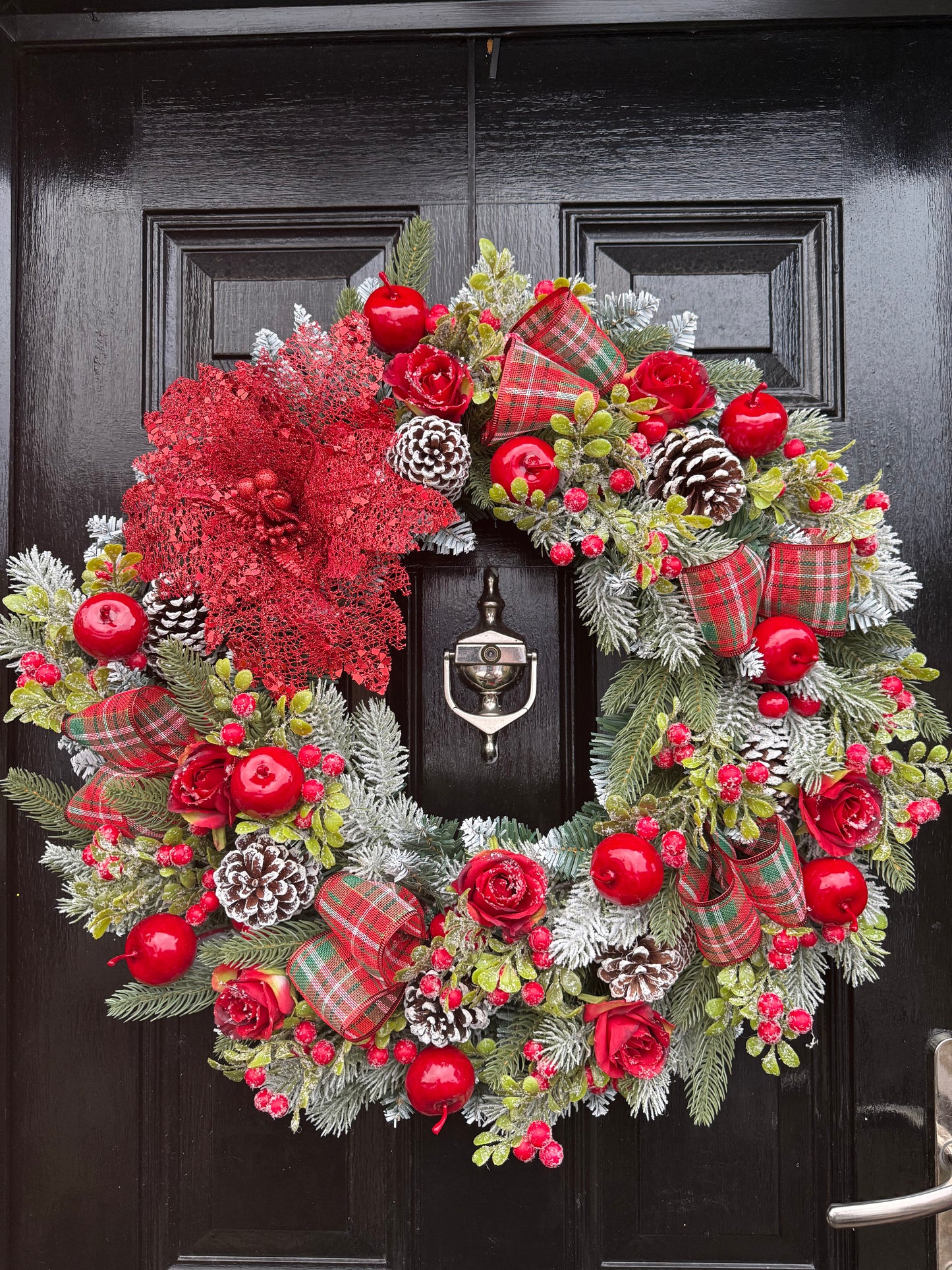 60cm DELUXE WREATH & 6FT MATCHING GARLAND - FOLIAGE TRADITIONAL APPLE FROSTED ROSE BERRY - 2 WEEKS DESPATCH