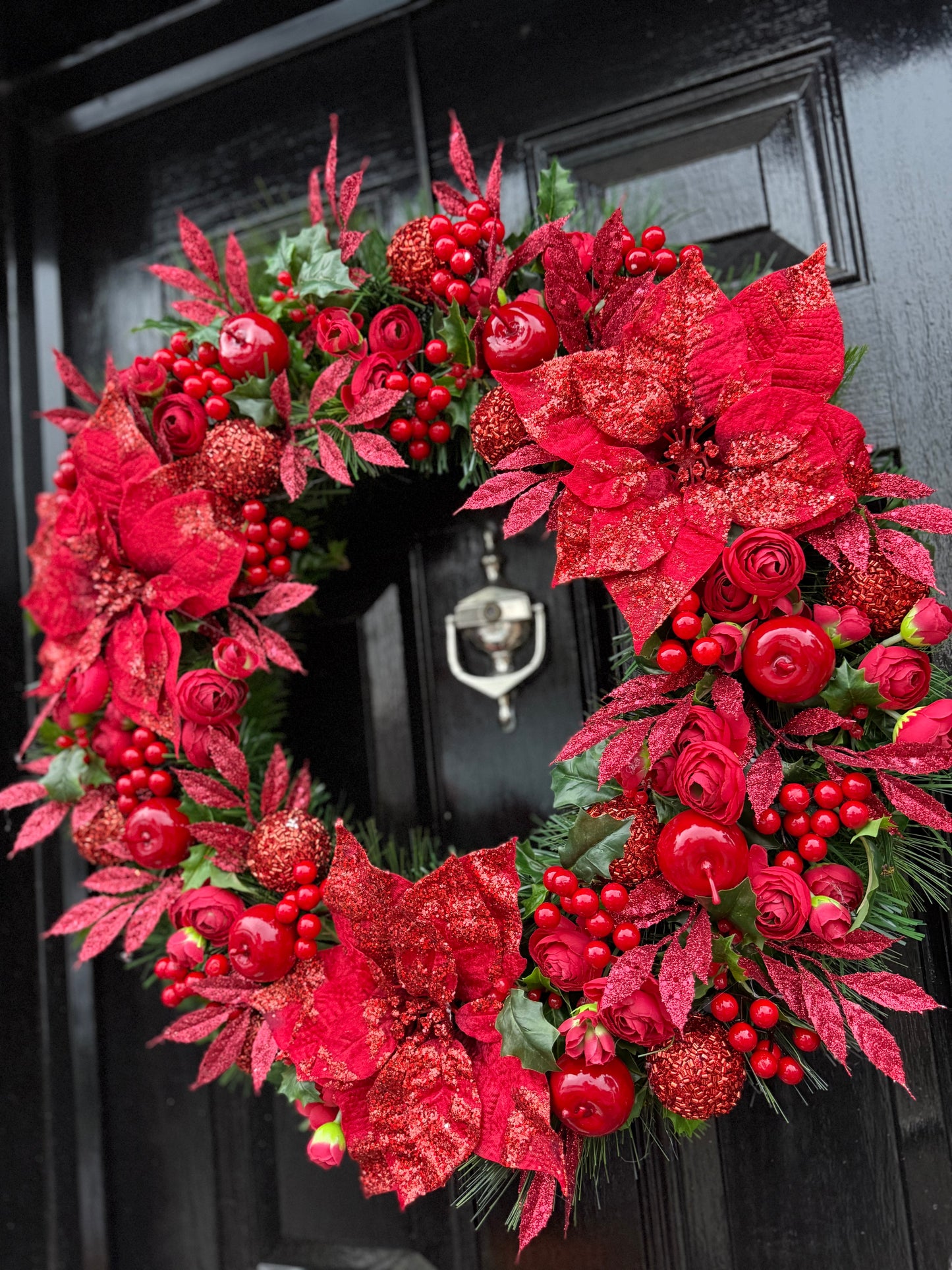 65cm DELUXE RED BERRY GIANT GLITTER POINSETTIA WREATH