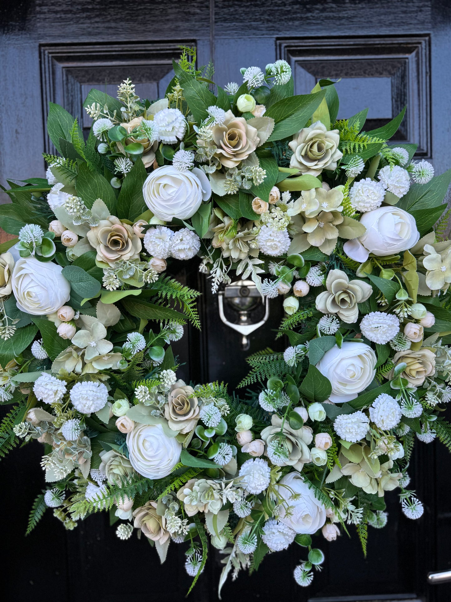 65cm DELUXE IVORY PEONY / SAGE GREEN MIXED FOLIAGE WREATH