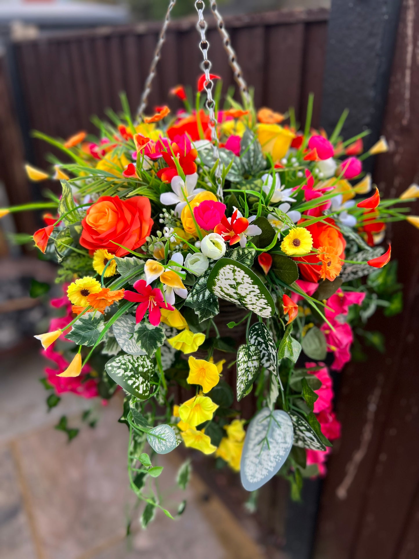 DELUXE XL HANGING BASKET ORANGE/PINK/YELLOW 12 INCH CONE