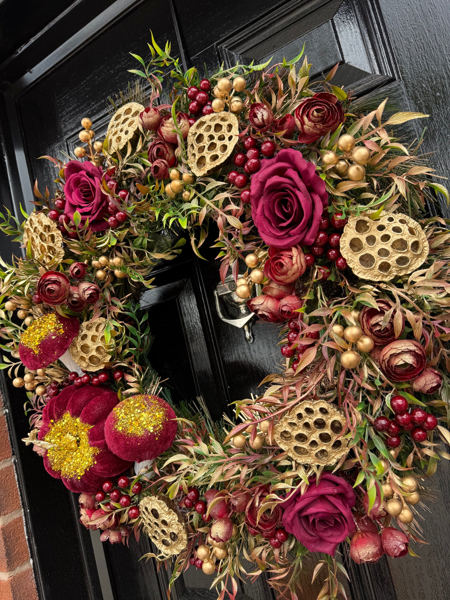 65cm DELUXE XL PUMPKIN GOLD / BURGUNDY GLITTER AUTUMN WREATH