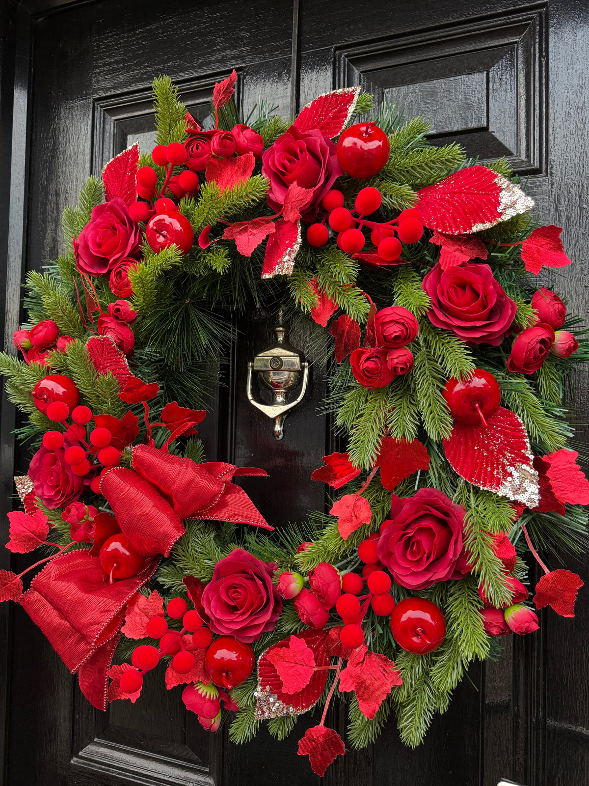 65CM DELUXE FOLIAGE RED TRADITIONAL APPLE ROSE WREATH - IMMEDIATE DISPATCH
