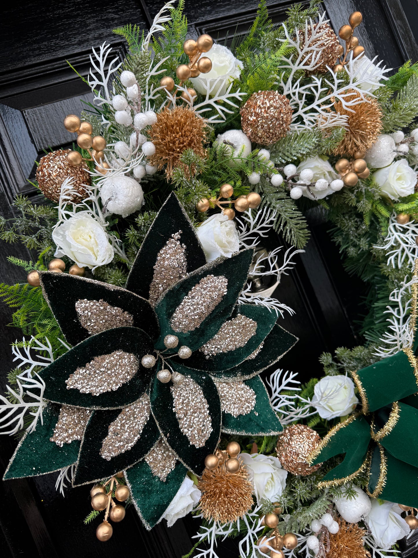 65cm DELUXE GREEN/GOLD BERRY APPLE GIANT GLITTER POINSETTIA WREATH