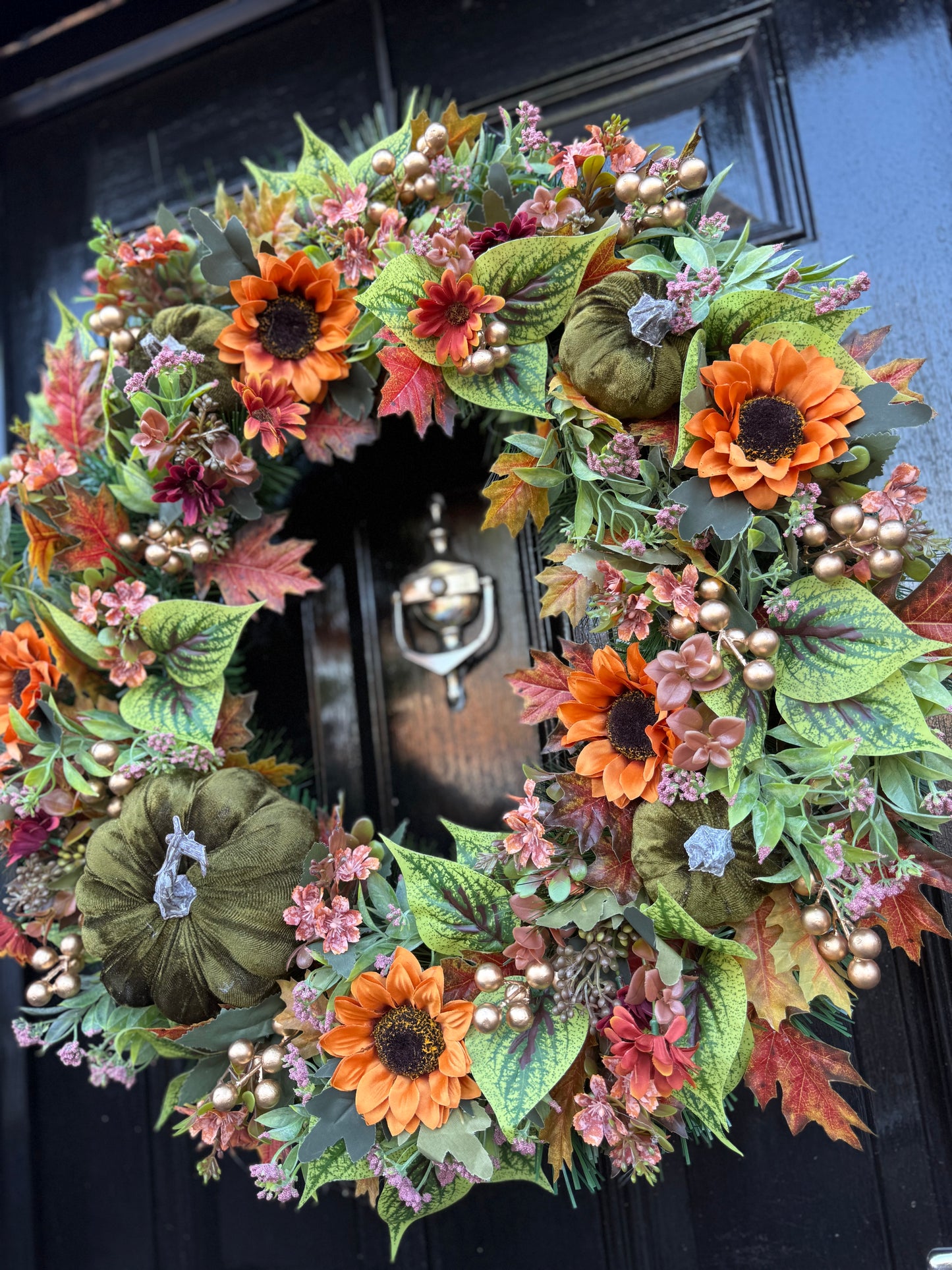 65cm DELUXE XL GREEN/ORANGE PUMPKIN MIX WOODLAND AUTUMN WREATH