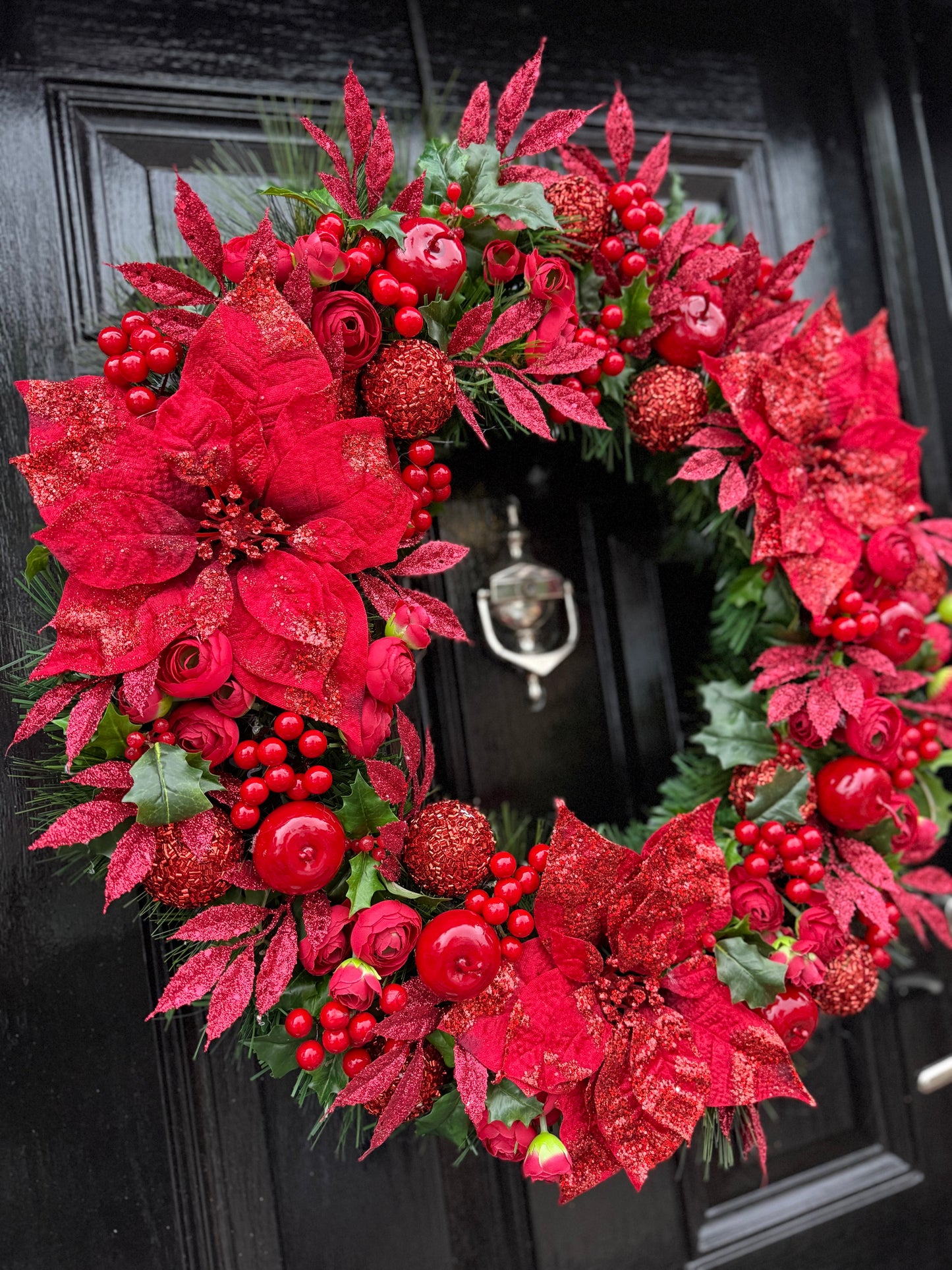 65cm DELUXE RED BERRY GIANT GLITTER POINSETTIA WREATH