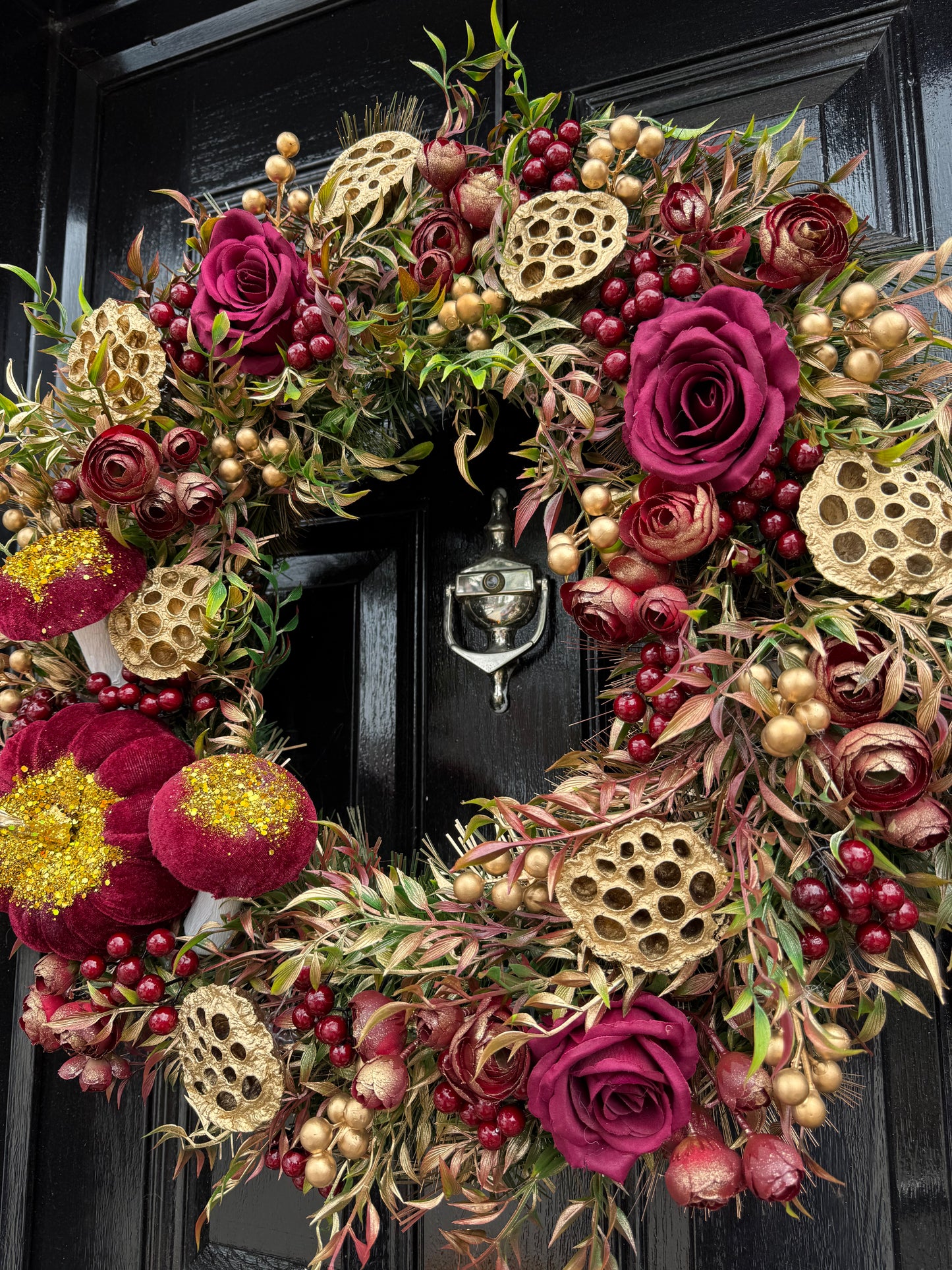65cm DELUXE XL PUMPKIN GOLD / BURGUNDY GLITTER AUTUMN WREATH