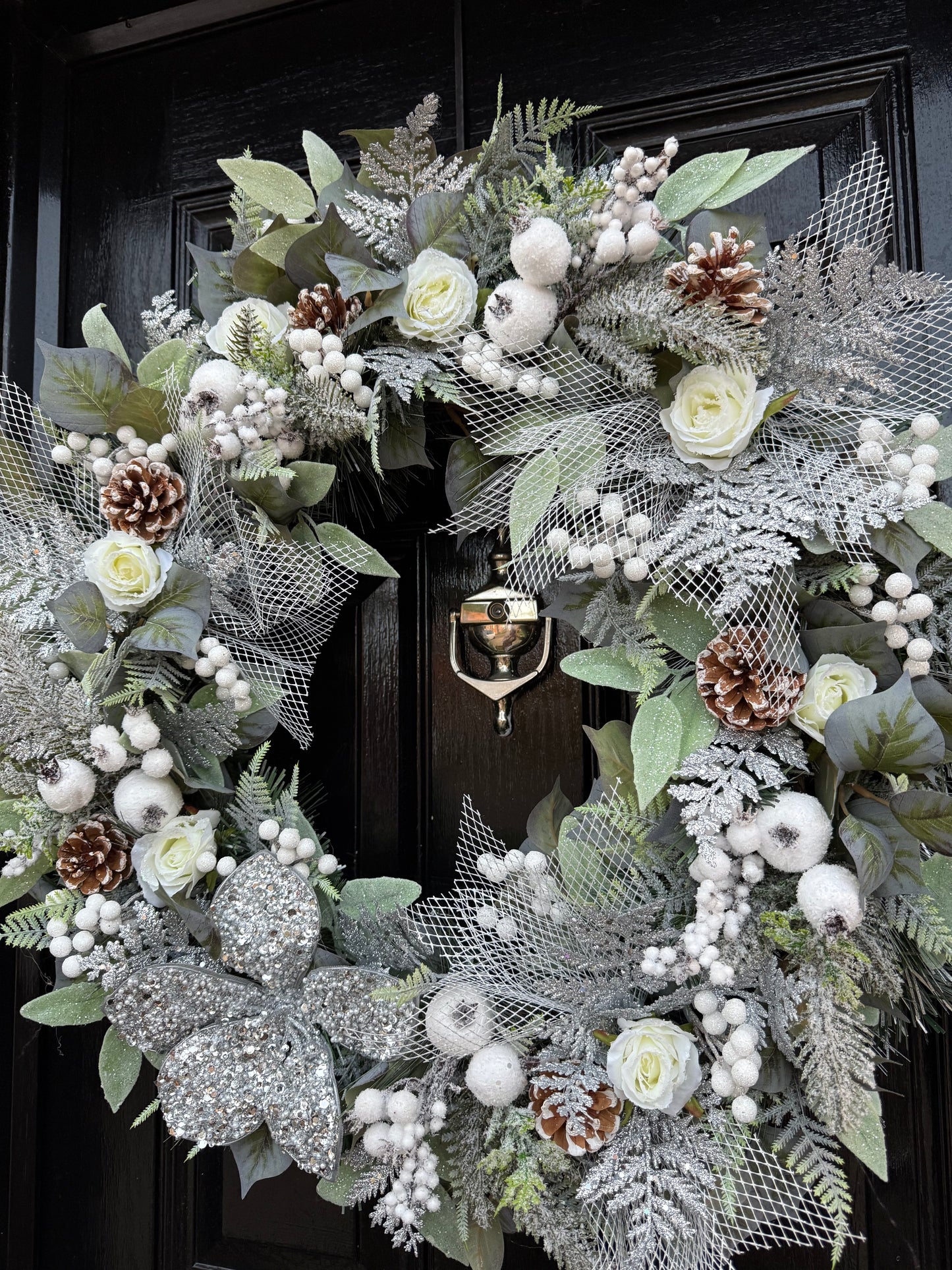 65cm DELUXE WINTER FROSTED FOLIAGE, ROSEHIP ROSES SILVER POINSETTIA WREATH