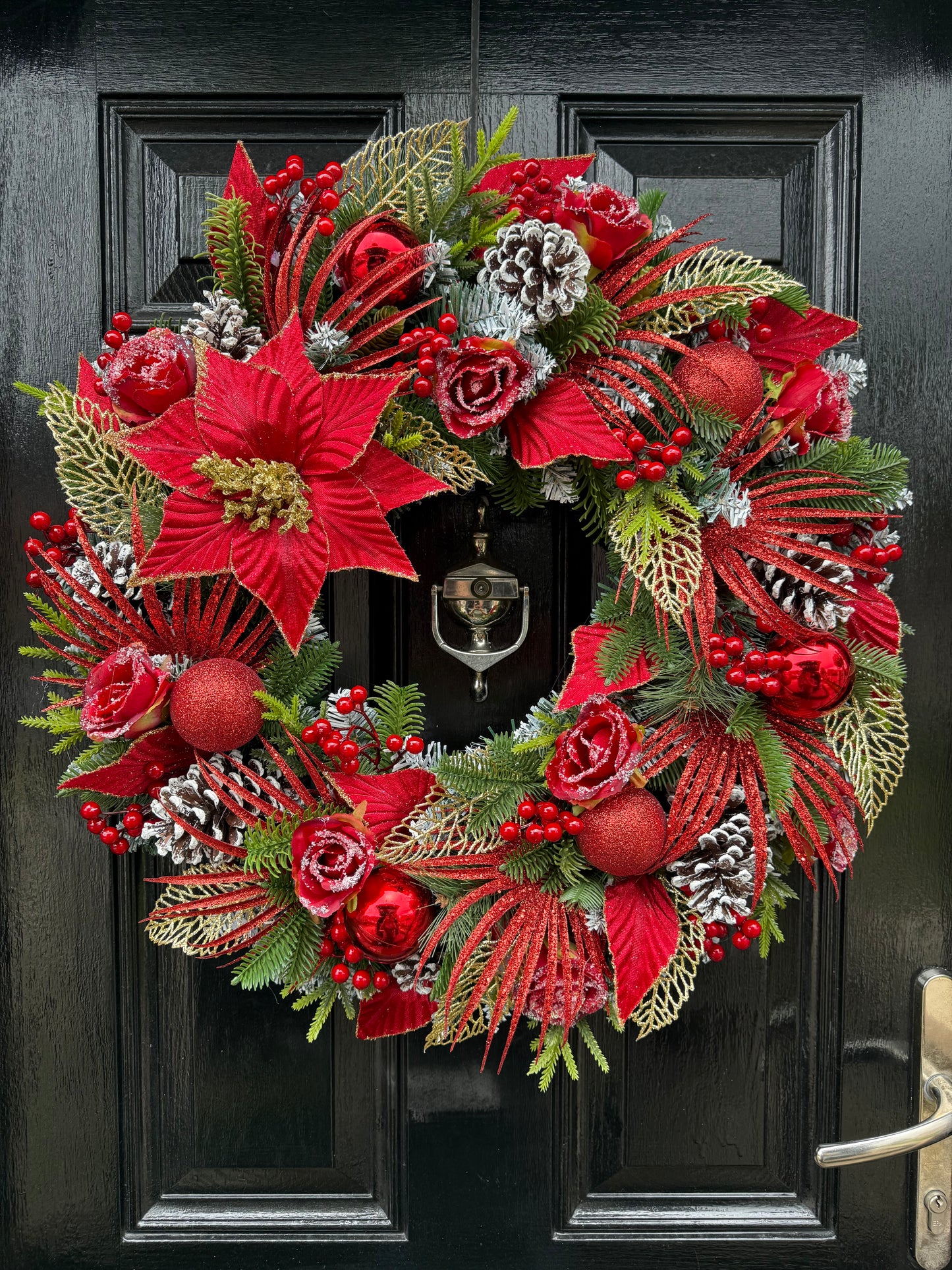 65cm DELUXE RED GOLD POINSETTIA GLITTER FOLIAGE WREATH - IMMEDIATE DESPATCH