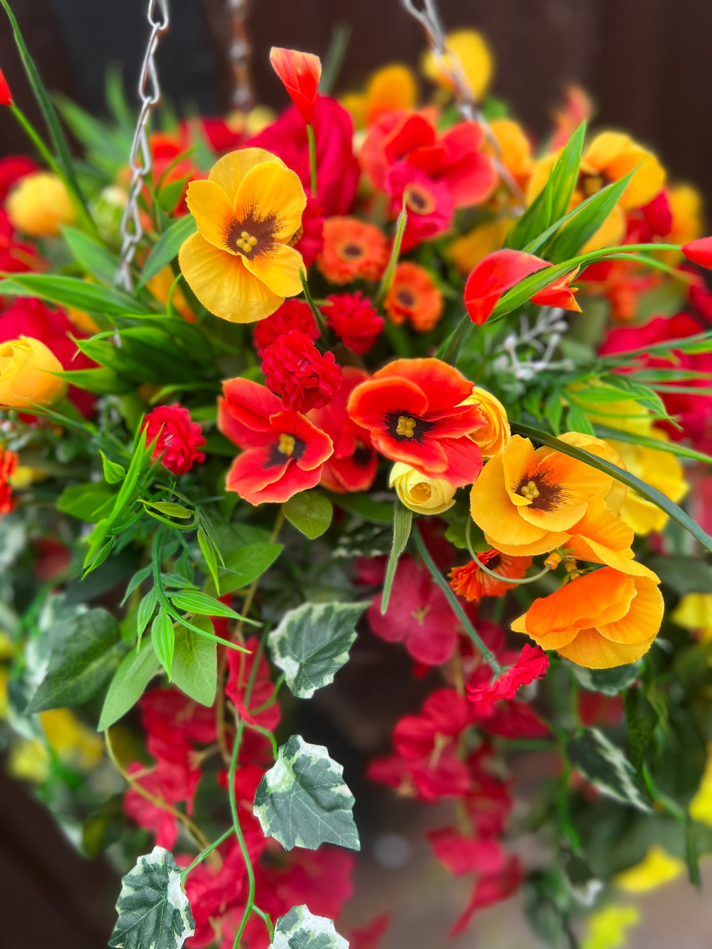 DELUXE XL HANGING BASKET ORANGE/RED/YELLOW 12 INCH CONE