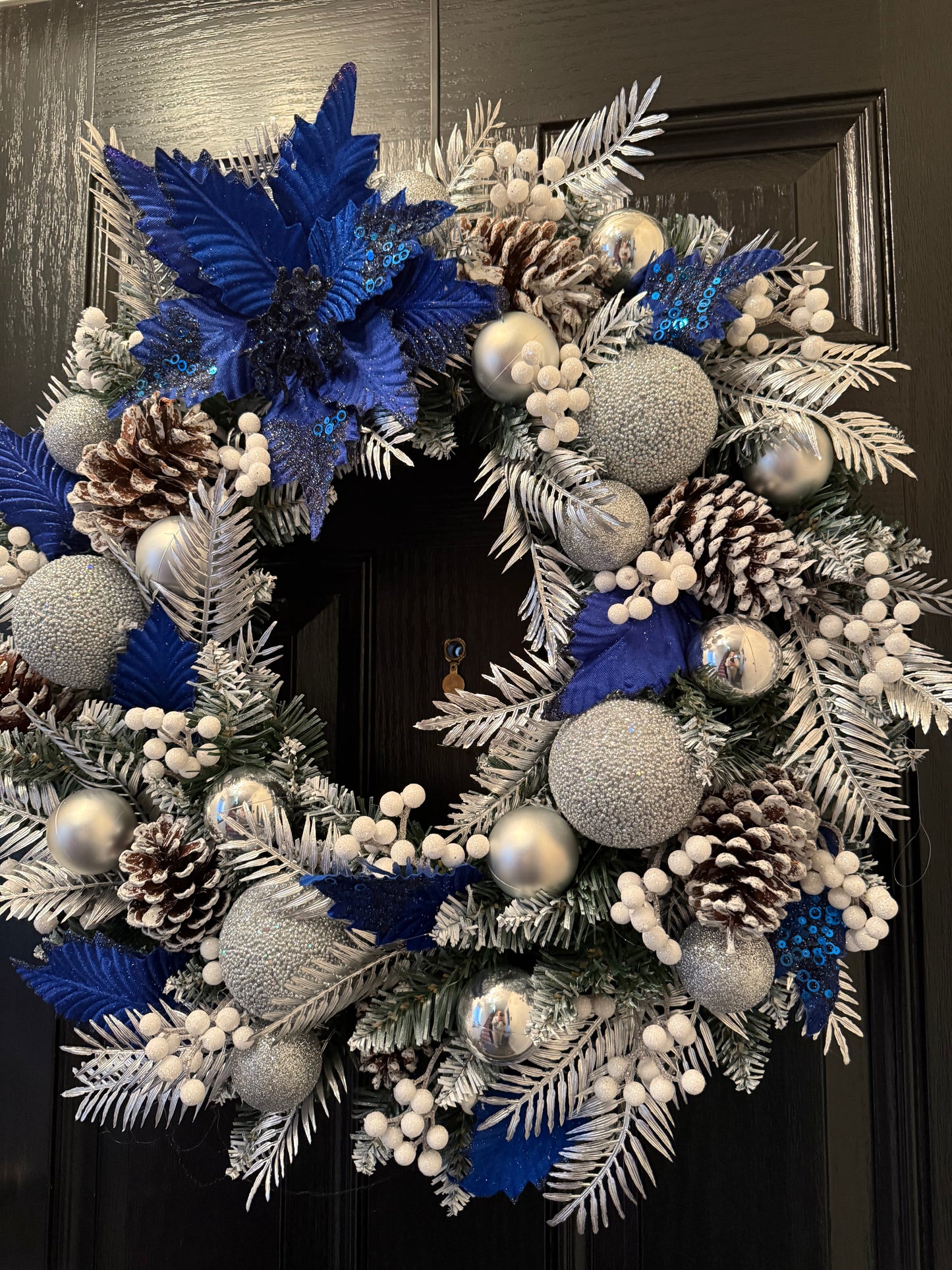 60cm FROSTED CONE ROYAL BLUE / SILVER MIXED BERRY WREATH - IMMEDIATE DESPATCH