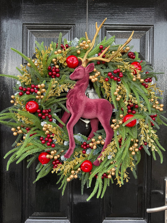 60cm DELUXE BURGUNDY/GOLD FOLIAGE STAG WREATH
