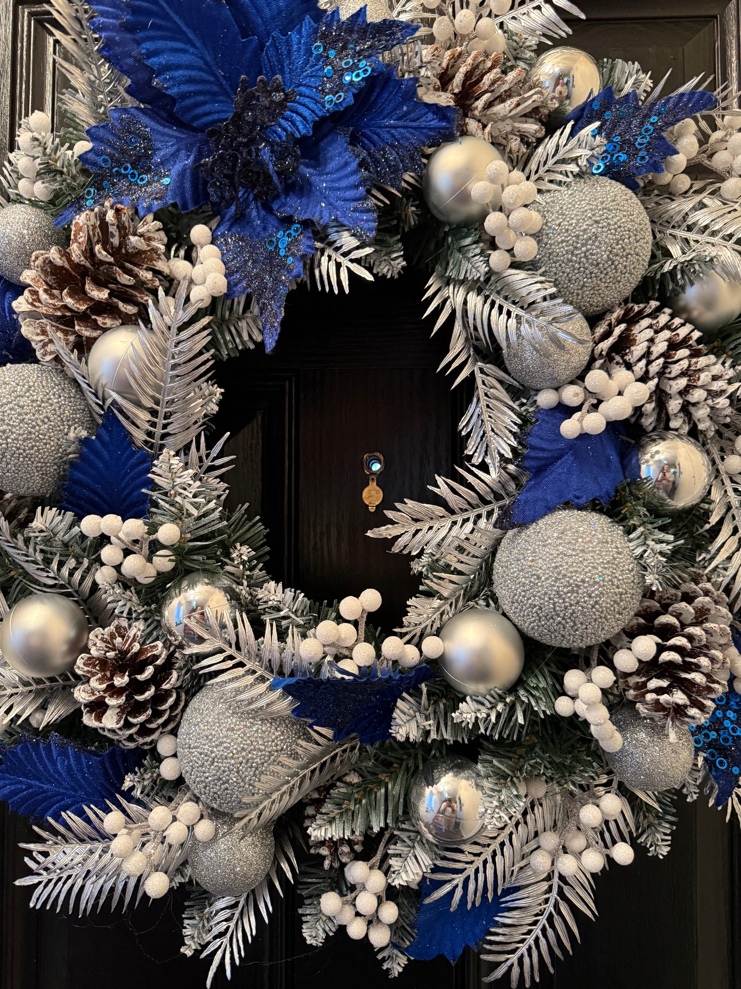 60cm FROSTED CONE ROYAL BLUE / SILVER MIXED BERRY WREATH - IMMEDIATE DESPATCH