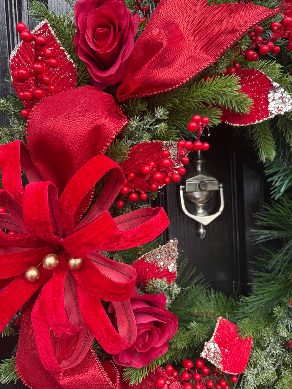 65CM DELUXE FOLIAGE RED TRADITIONAL FLOWER BURST  WREATH - IMMEDIATE DESPATCH