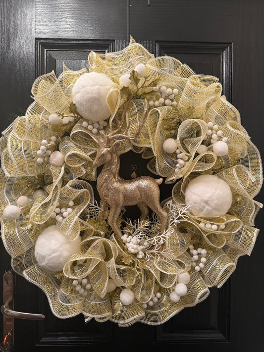 65cm GOLD GLITTER STAG SNOWBALL DELUXE WREATH - IMMEDIATE DESPATCH