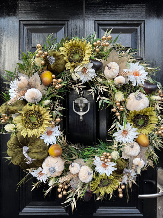 65cm DELUXE XL PUMPKIN/ WOODLAND NEUTRAL/ GREEN AUTUMN WREATH