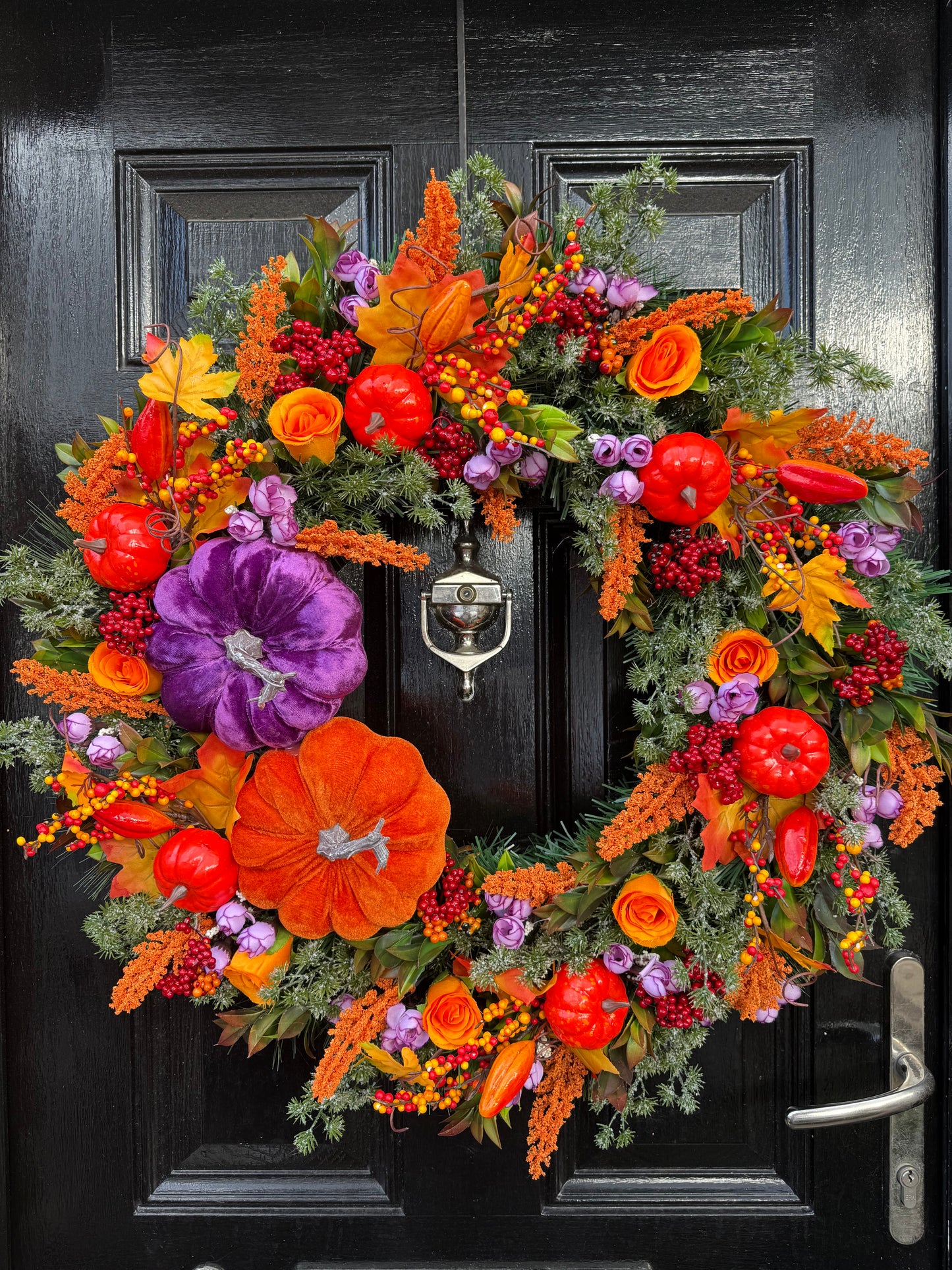 65cm DELUXE XL DOUBLE PUMPKIN ORANGE PURPLE WOODLAND MIXED  AUTUMN WREATH