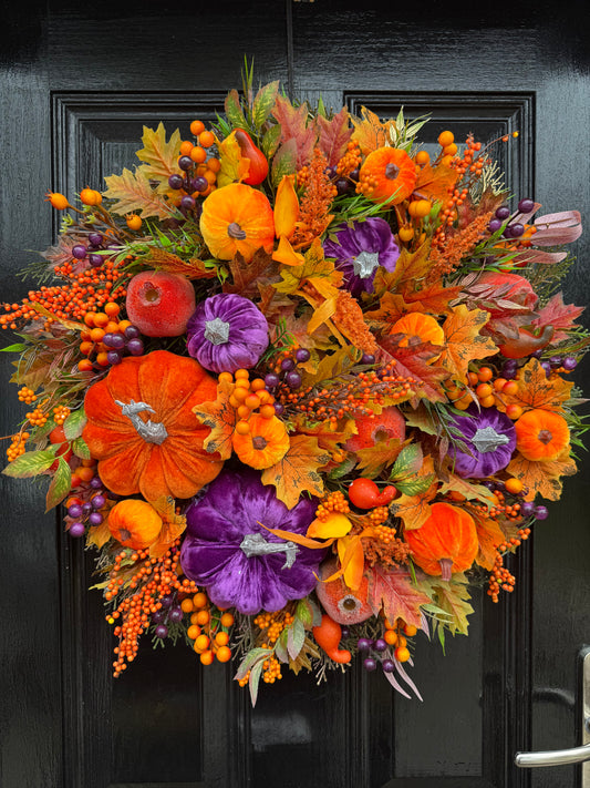 60cm DELUXE DOUBLE PUMPKIN WOODLAND MIXED FOLIAGE AUTUMN FULL WREATH
