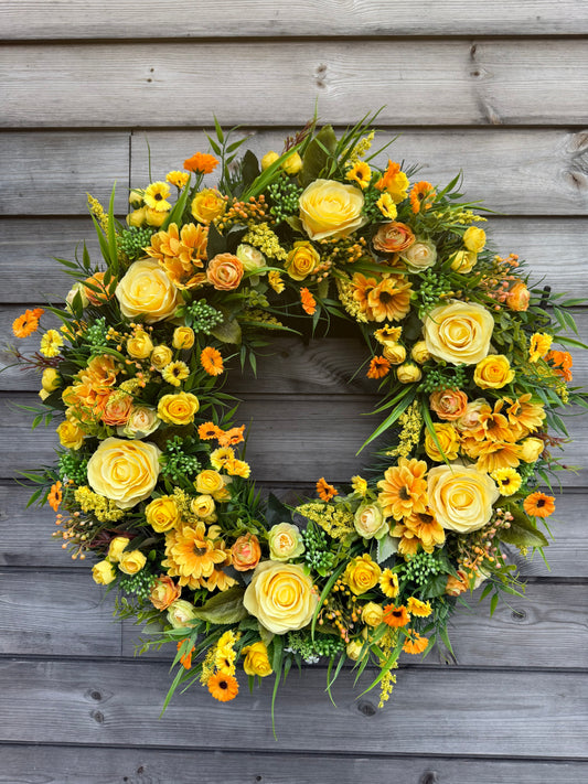 65cm MIXED SPRING/SUMMER FOLIAGE YELLOW ORANGE MIXED DELUXE WREATH