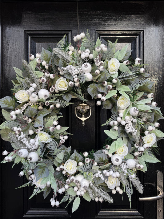 65cm DELUXE WINTER FROSTED FOLIAGE, ROSEHIP & ROSES WREATH