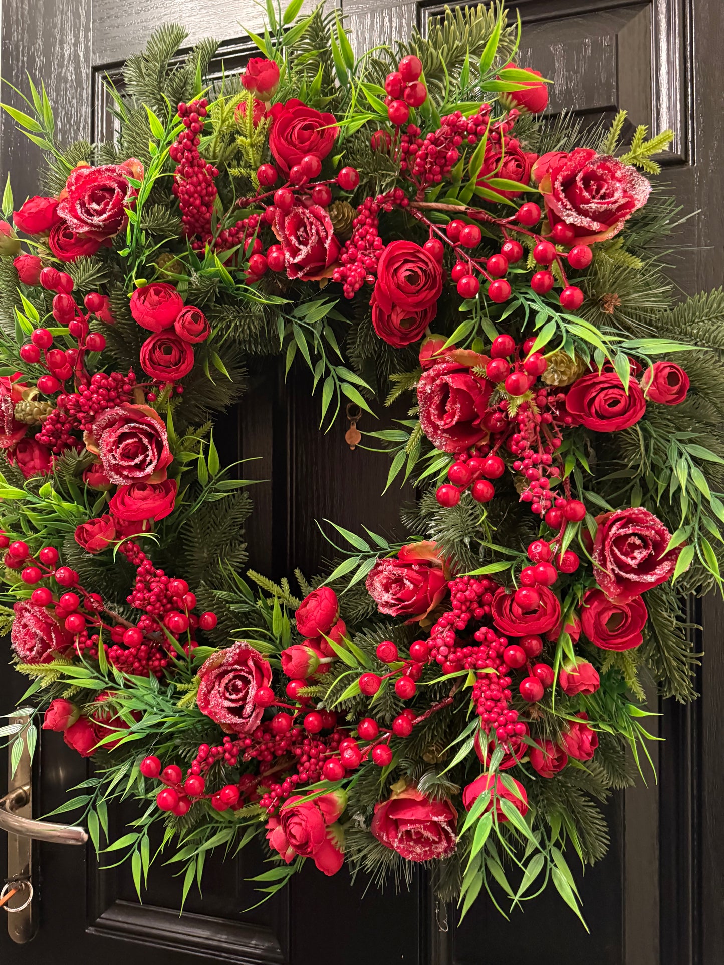 65cm SUPER DELUXE WINTER RED ROSE VERY BERRY FULL FOLIAGE WREATH