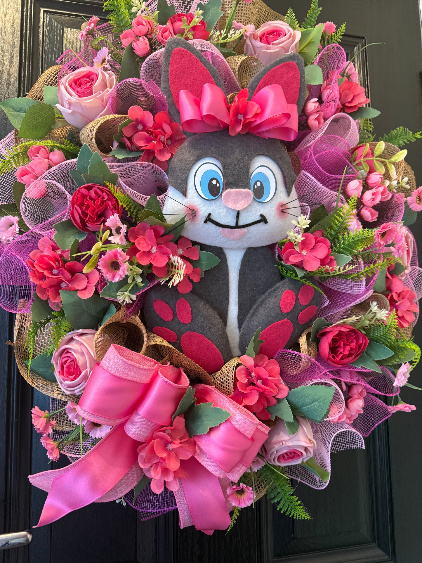 GIANT DELUXE HOT PINK BUNNY FOLIAGE FLOWER EASTER WREATH