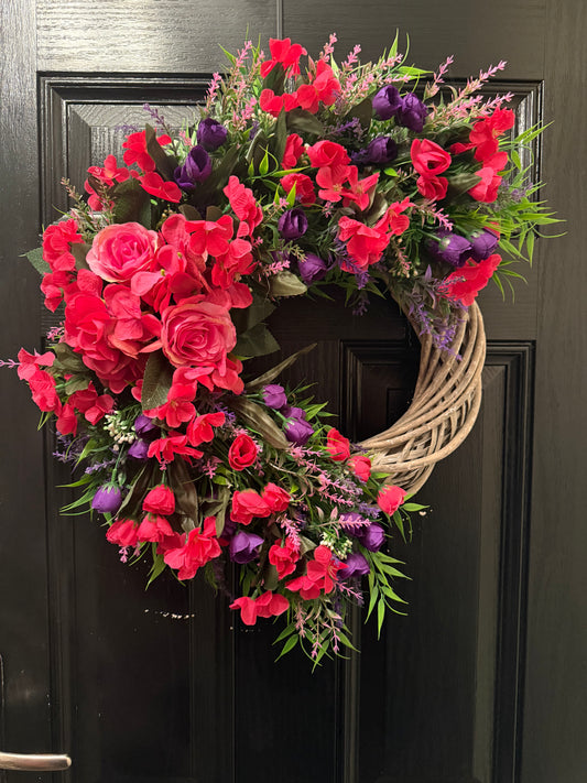 MIXED PINKS AND PURPLES FOLIAGE ALL SEASON GREY WICKER WREATH