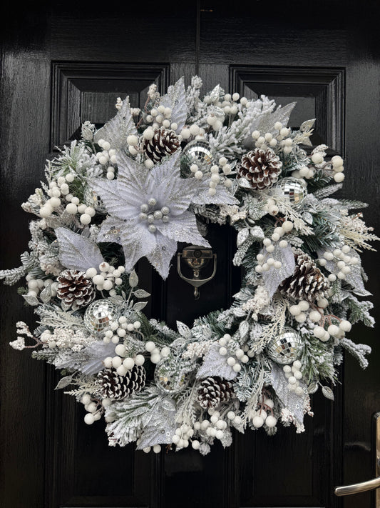 65cm DELUXE WINTER WONDERLAND POINSETTIA MIRROR BALL WREATH - IMMEDIATE DESPATCH