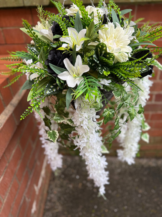 12INCH DELUXE CONE HANGING BASKET BLACK ROSE, LILY & GERBERA MIX