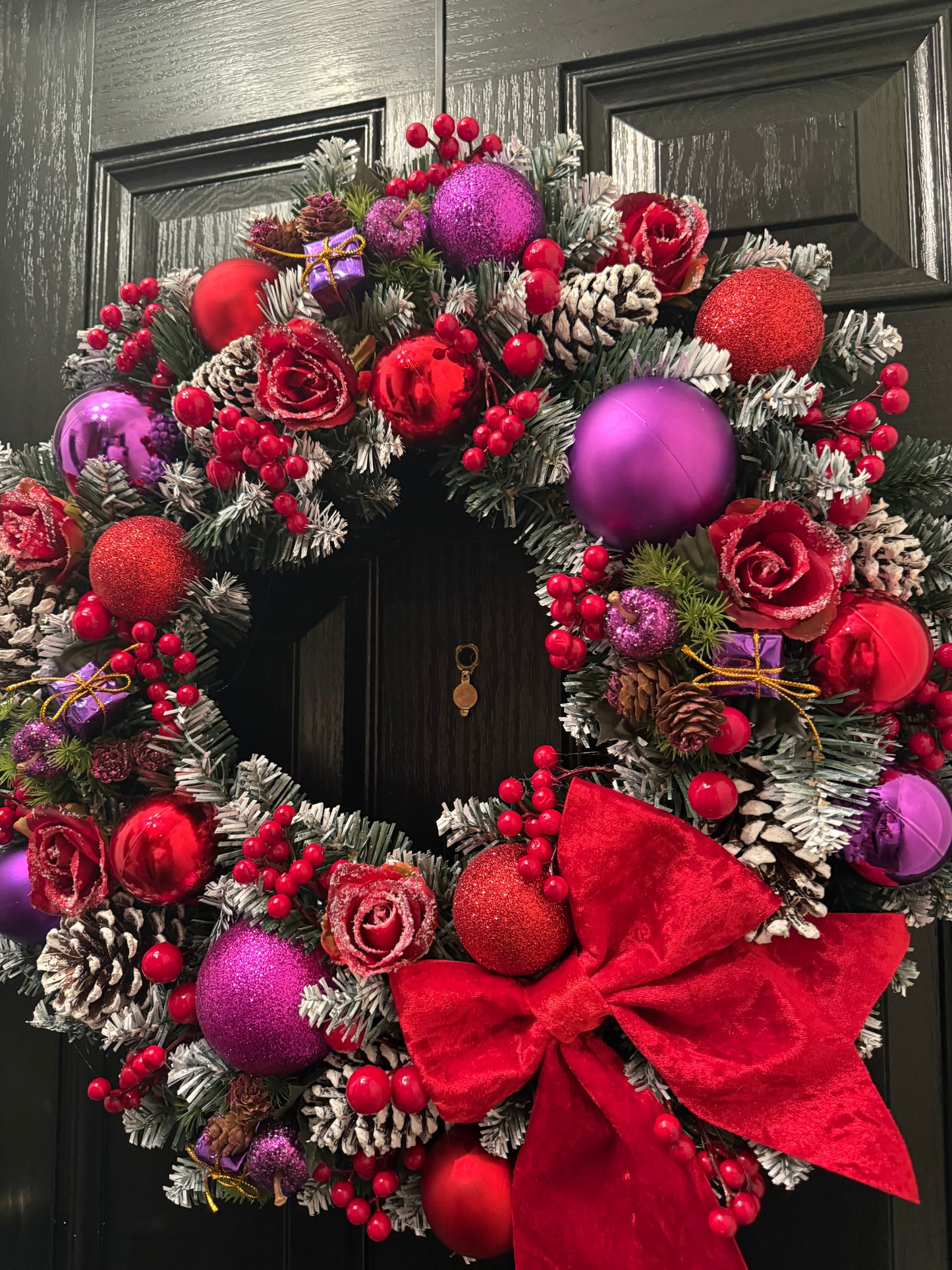 60cm DELUXE FOLIAGE FROSTED BERRY BAUBLE WREATH PURPLE RED - IMMEDIATE DESPATCH