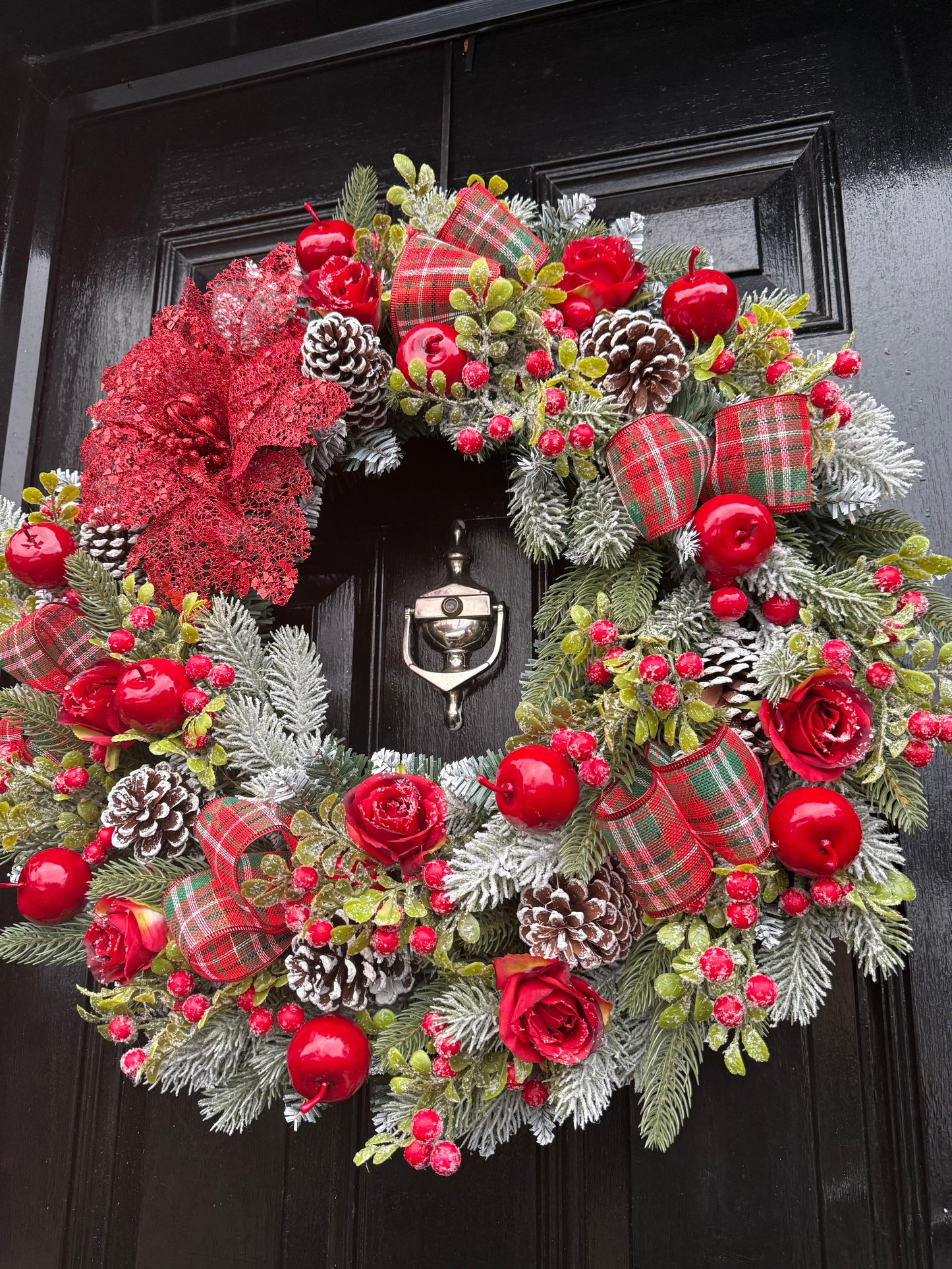 60cm DELUXE WREATH & 6FT MATCHING GARLAND - FOLIAGE TRADITIONAL APPLE FROSTED ROSE BERRY - 2 WEEKS DESPATCH