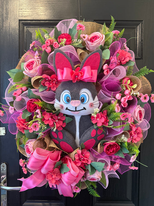 GIANT DELUXE HOT PINK BUNNY FOLIAGE FLOWER EASTER WREATH