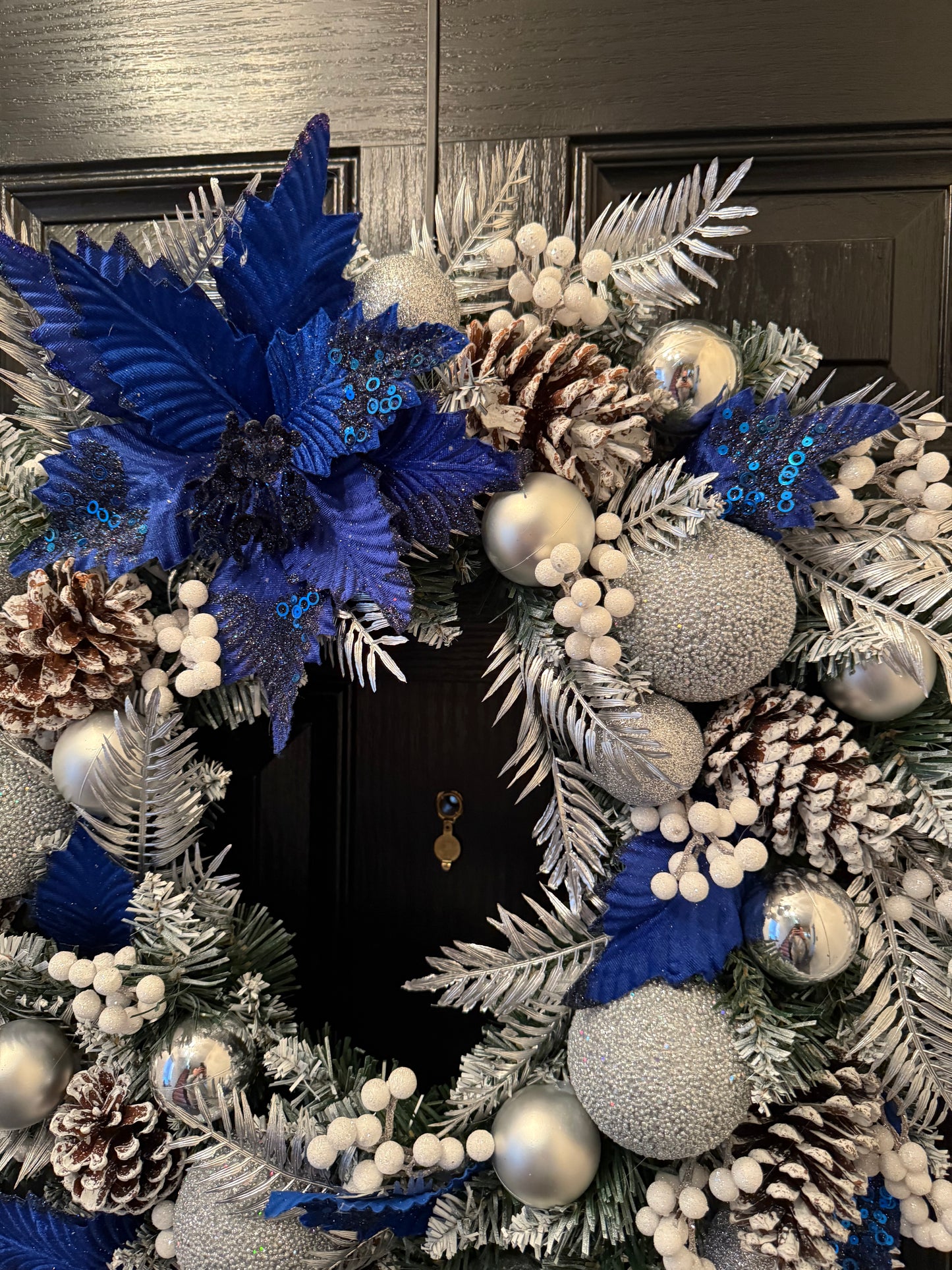 60cm FROSTED CONE ROYAL BLUE / SILVER MIXED BERRY WREATH - IMMEDIATE DESPATCH