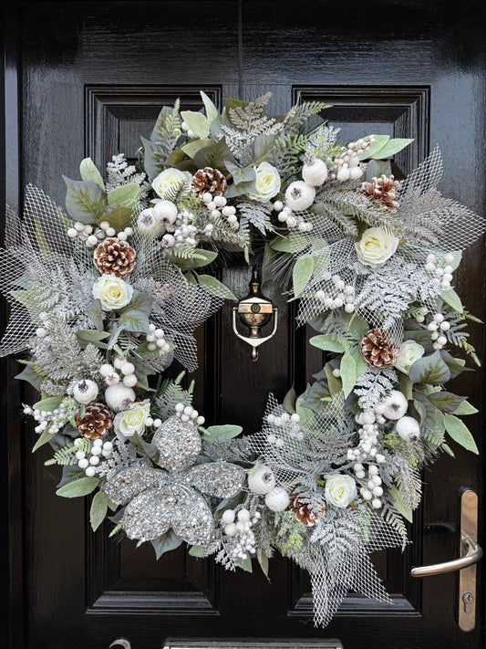 65cm DELUXE WINTER FROSTED FOLIAGE, ROSEHIP ROSES SILVER POINSETTIA WREATH