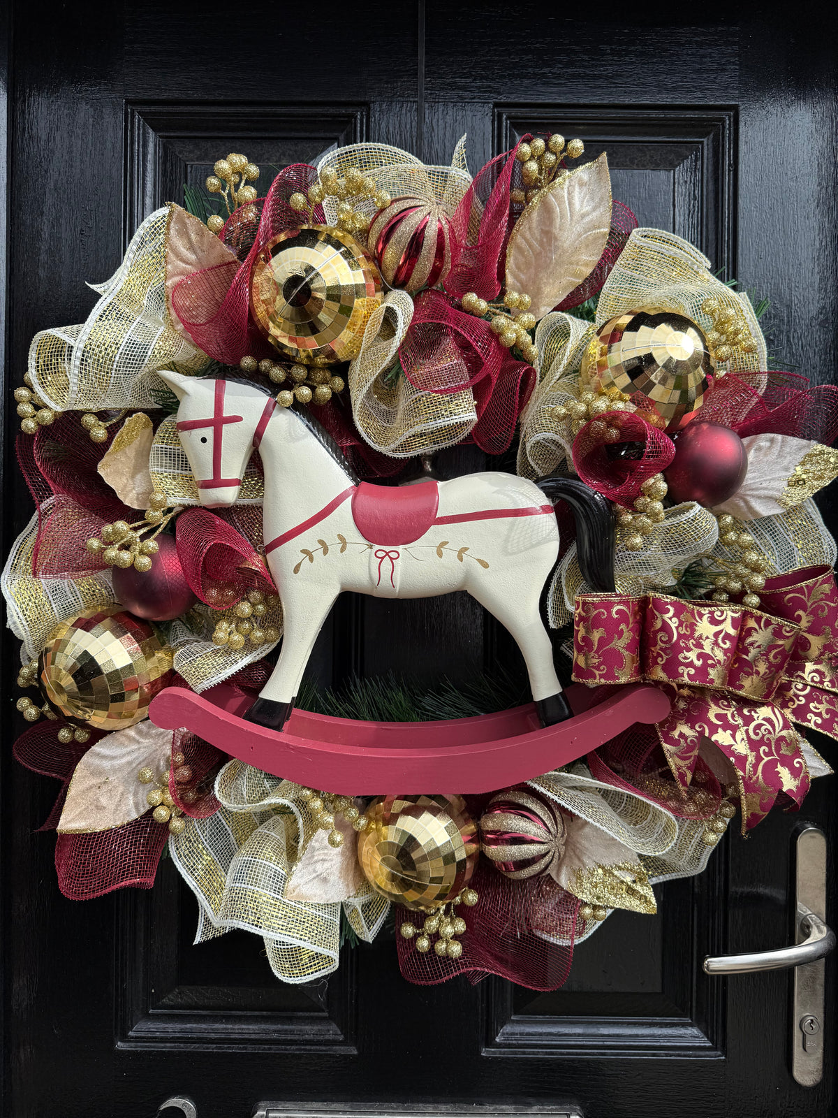 65cm TRADITIONAL DELUXE ROCKING HORSE WREATH BURGUNDY/GOLD