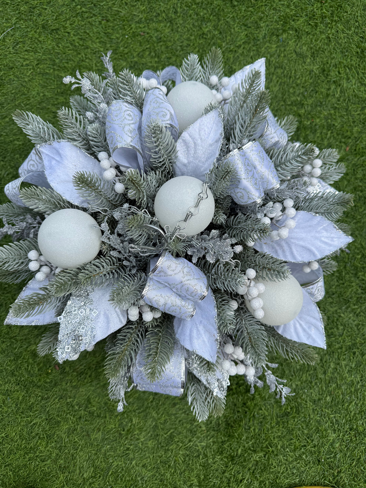 DISPATCH LATE OCTOBER - 12inch ROUND WHITE SILVER WINTER WONDERLAND  CHRISTMAS HANGING BASKET