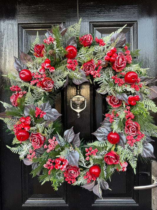 65cm WINTER FROSTED BERRIES, ROSES & WINTER FOLIAGE WREATH