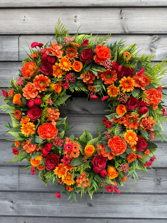 65cm SPRING/SUMMER MIXED RED ORANGE M FOLIAGE  DELUXE WREATH