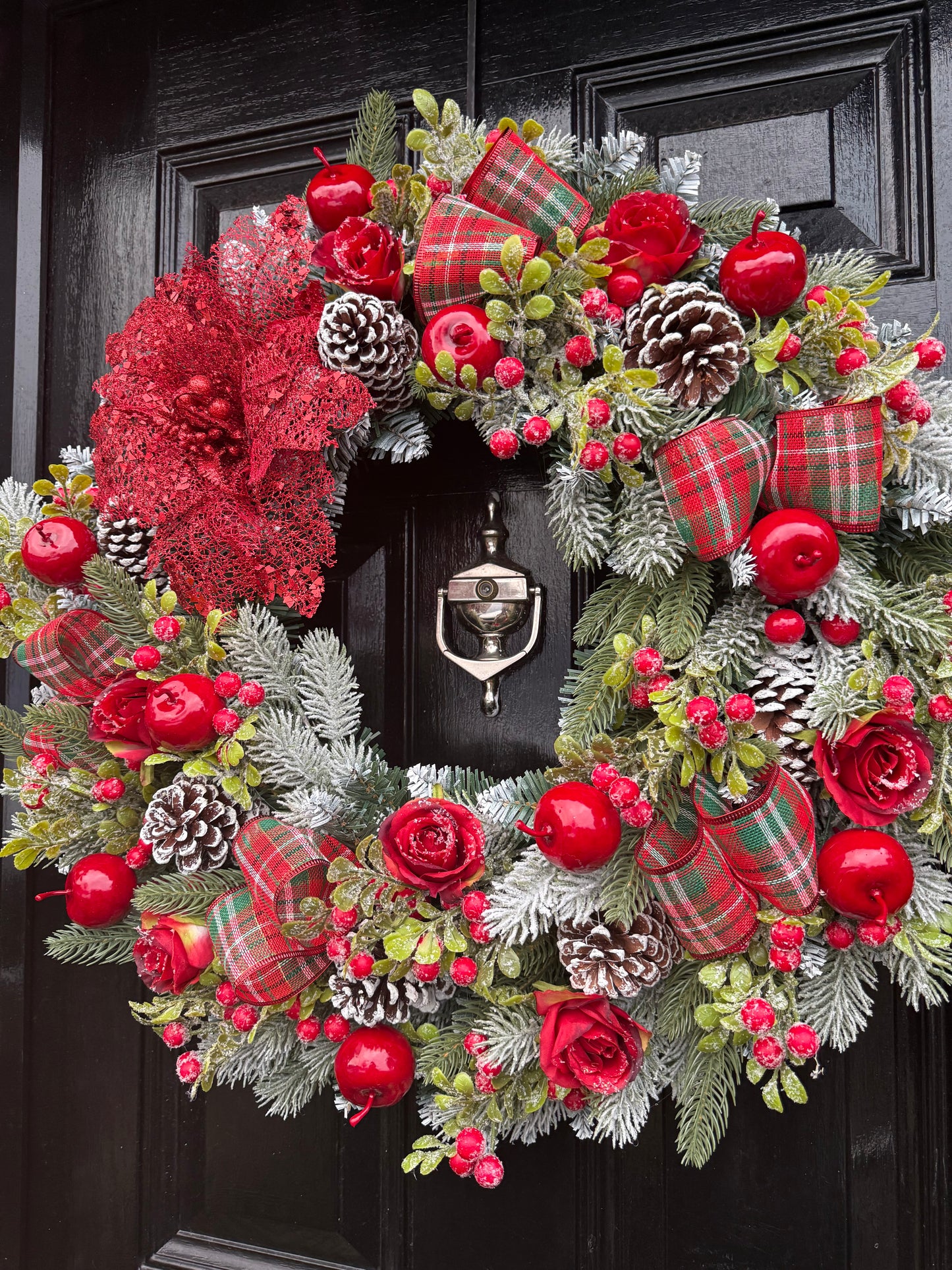 60cm DELUXE WREATH & 6FT MATCHING GARLAND - FOLIAGE TRADITIONAL APPLE FROSTED ROSE BERRY - 2 WEEKS DESPATCH