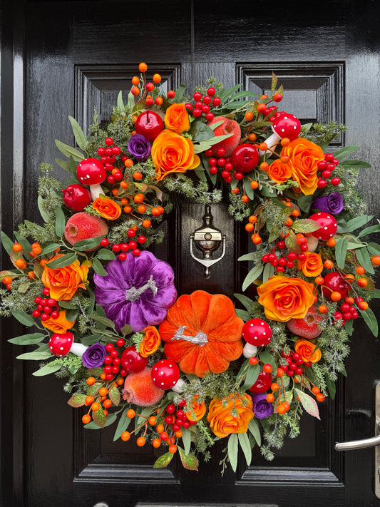 65cm DELUXE  DOUBLE PUMPKIN WOODLAND TOADSTOOL BERRY MIXED FOLIAGE AUTUMN WREATH