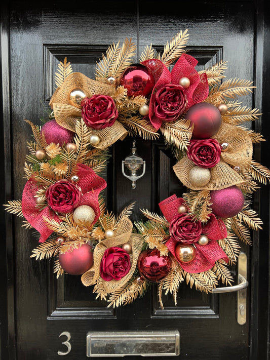 65cm DELUXE BURGUNDY/VINTAGE GOLD WREATH - IMMEDIATE DESPATCH