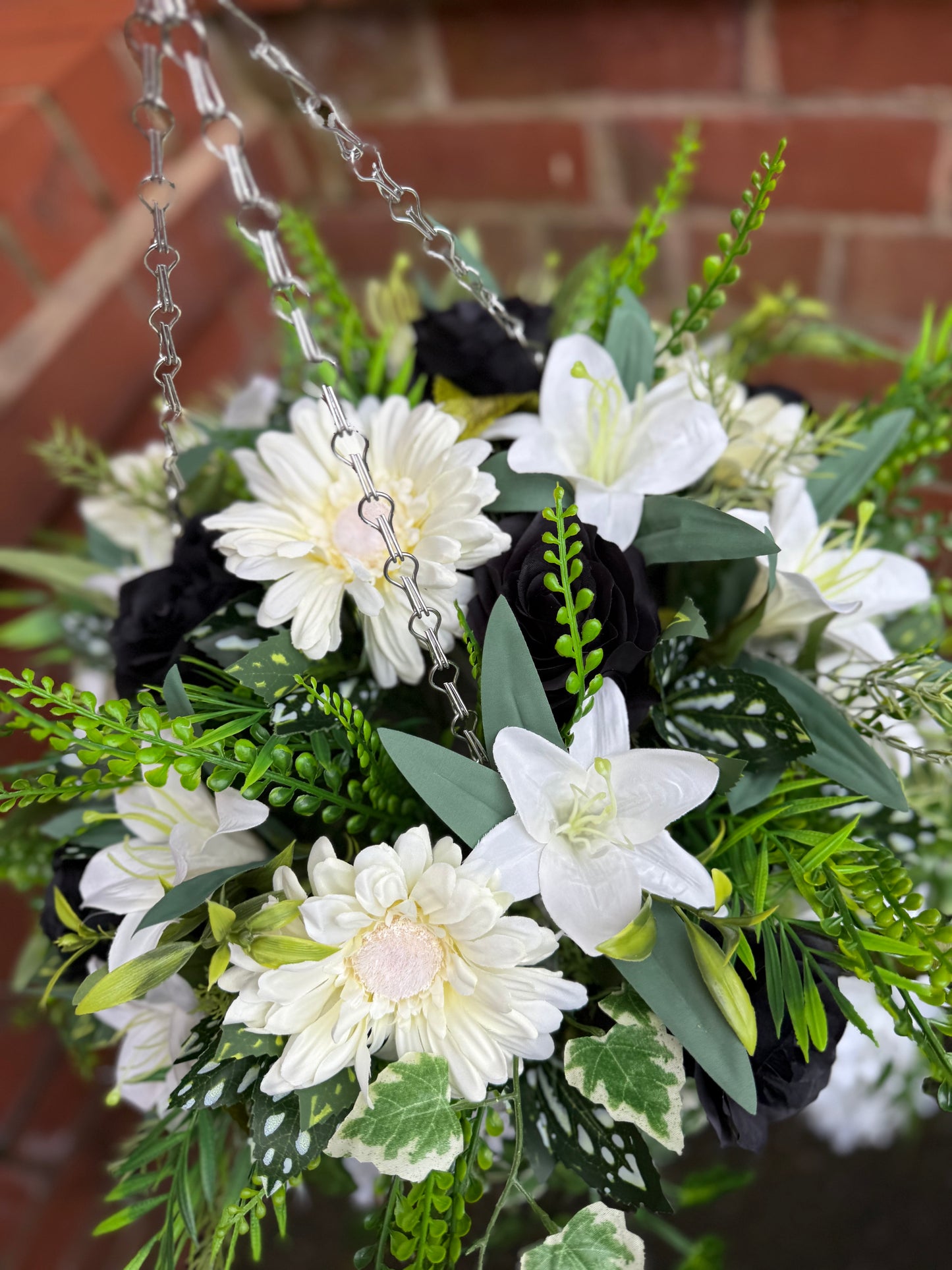 12INCH DELUXE CONE HANGING BASKET BLACK ROSE, LILY & GERBERA MIX